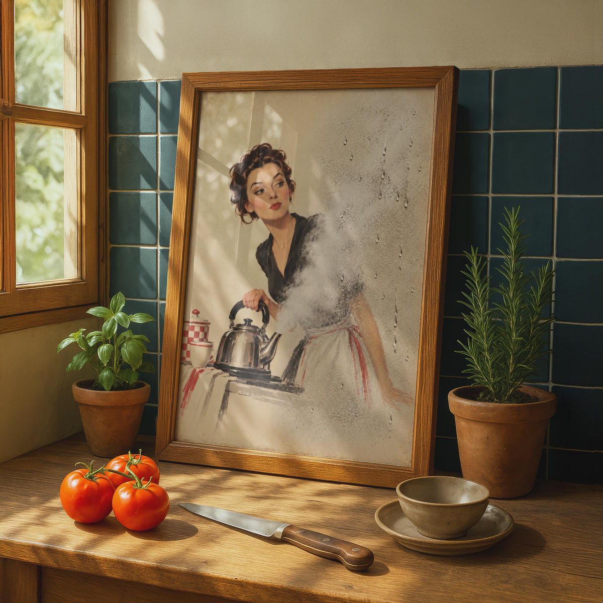 Retro Pin Up 1950s Steam Kettle Trompe L'Oeil Condensation Print (Mid Century Home Decor)
