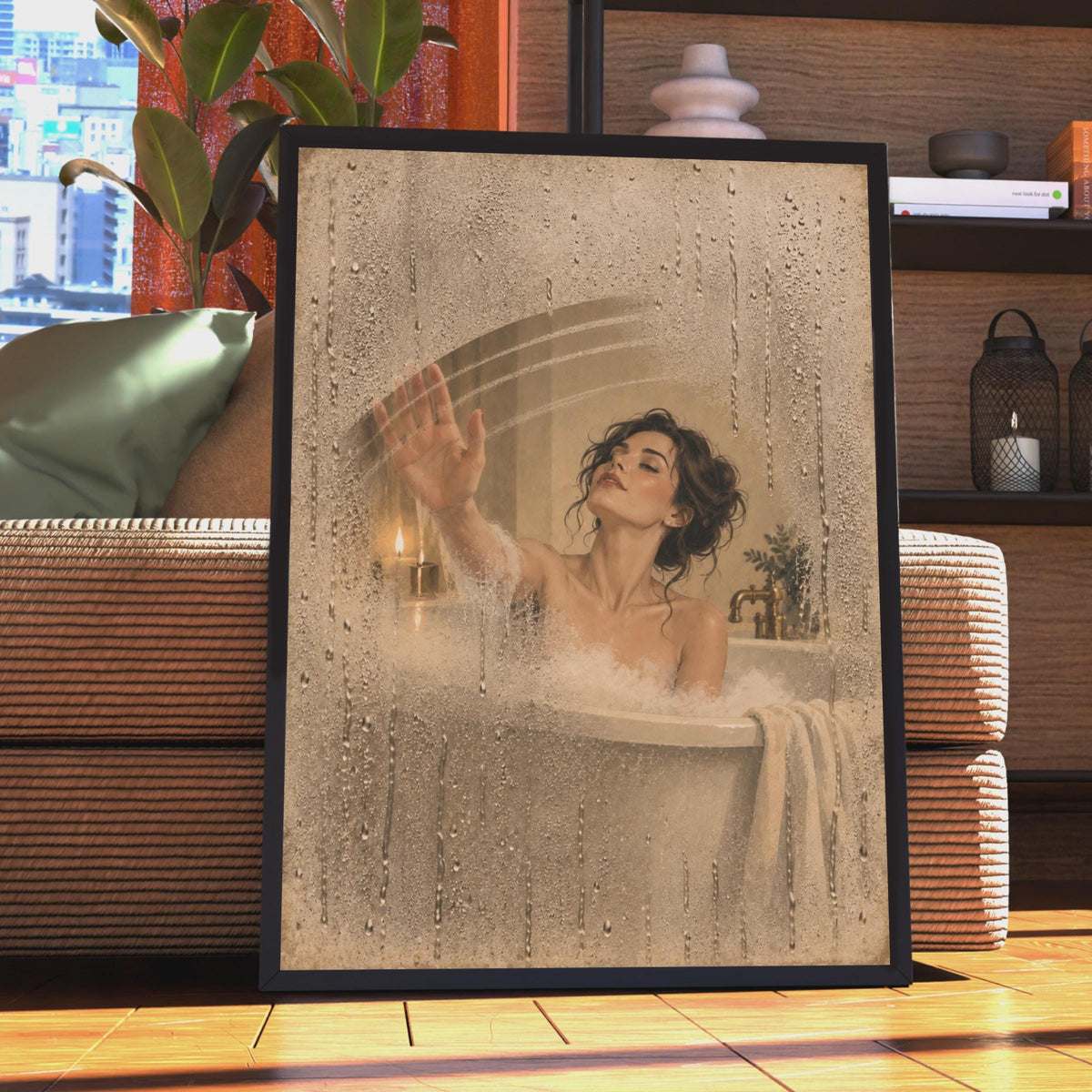Steamy Bath Optical Illusion Poster, Trompe L'oeil Condensation Wall Art (Printed)