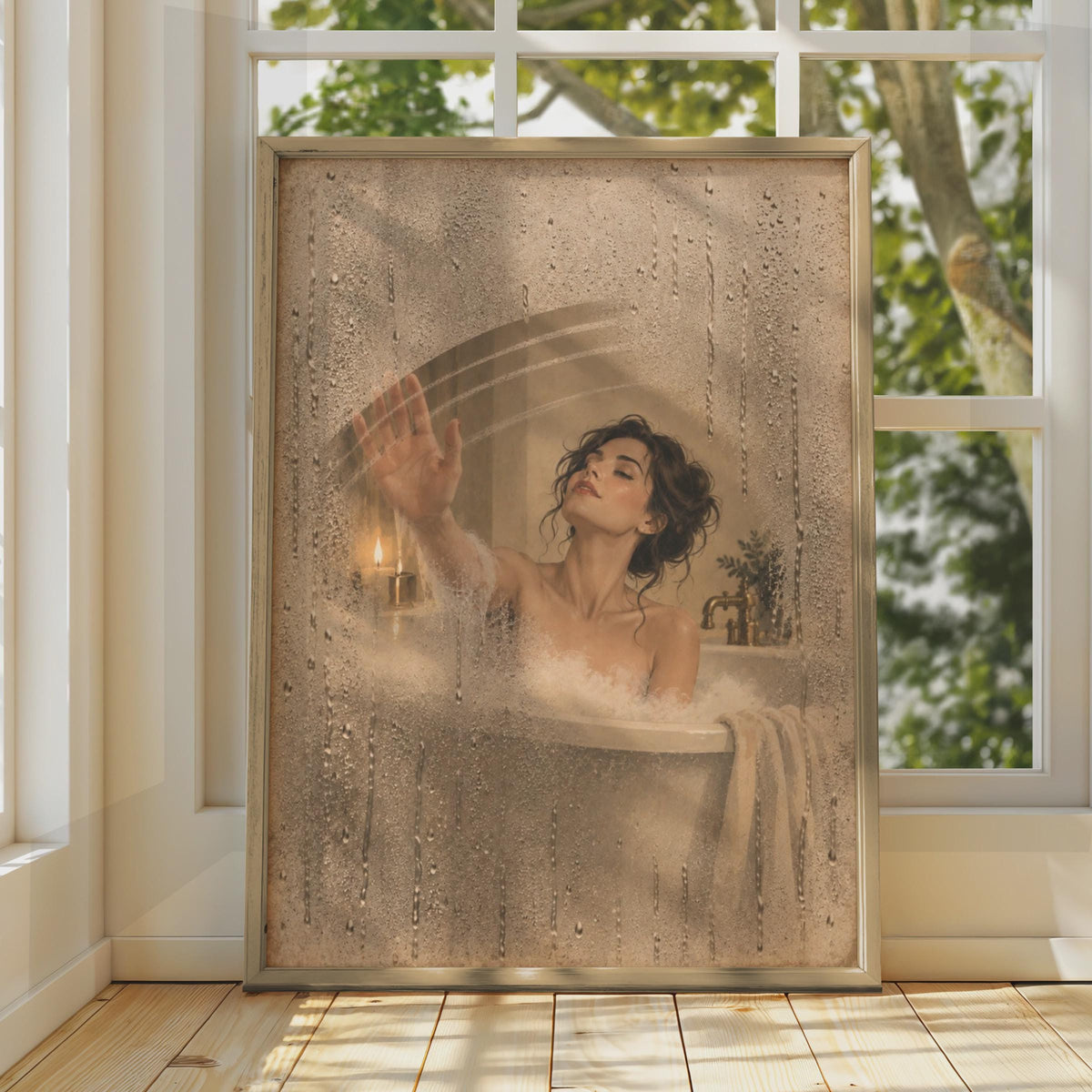 Steamy Bath Optical Illusion Poster, Trompe L'oeil Condensation Wall Art (Printed)