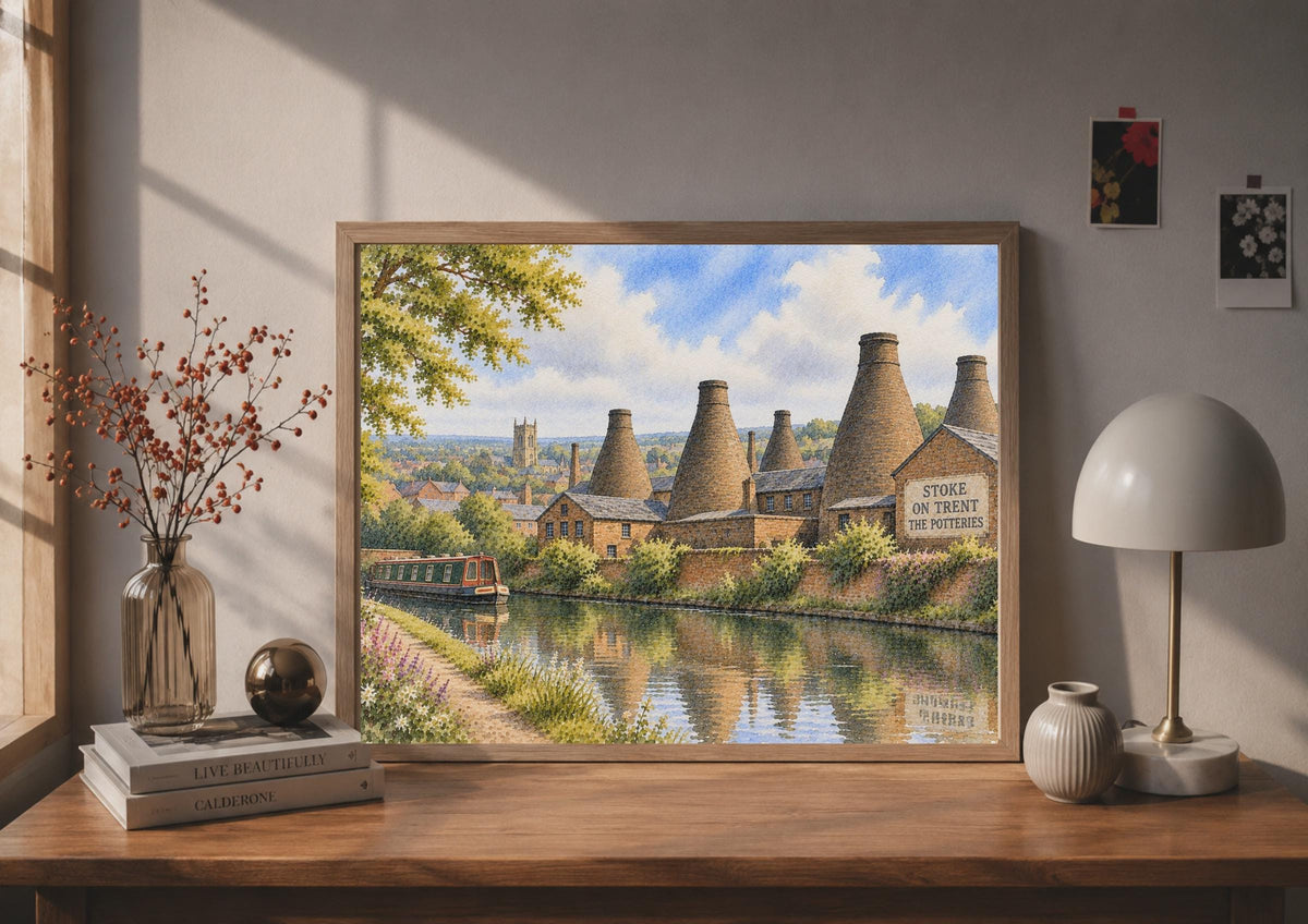 Stoke-on-Trent Bottle Kilns Watercolour Poster, Staffordshire Canal Landscape Print