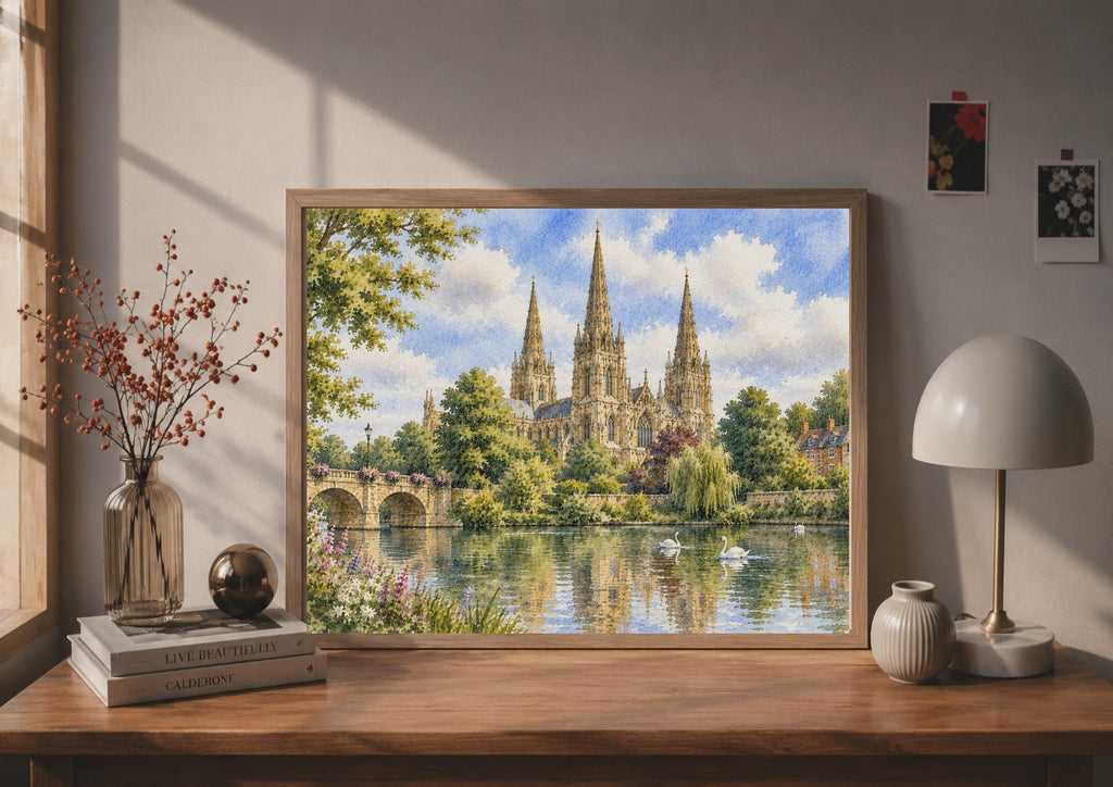 Lichfield Cathedral Watercolour Poster, Gothic Spires, Swan River Stone Bridge Print (Staffordshire Landscape)