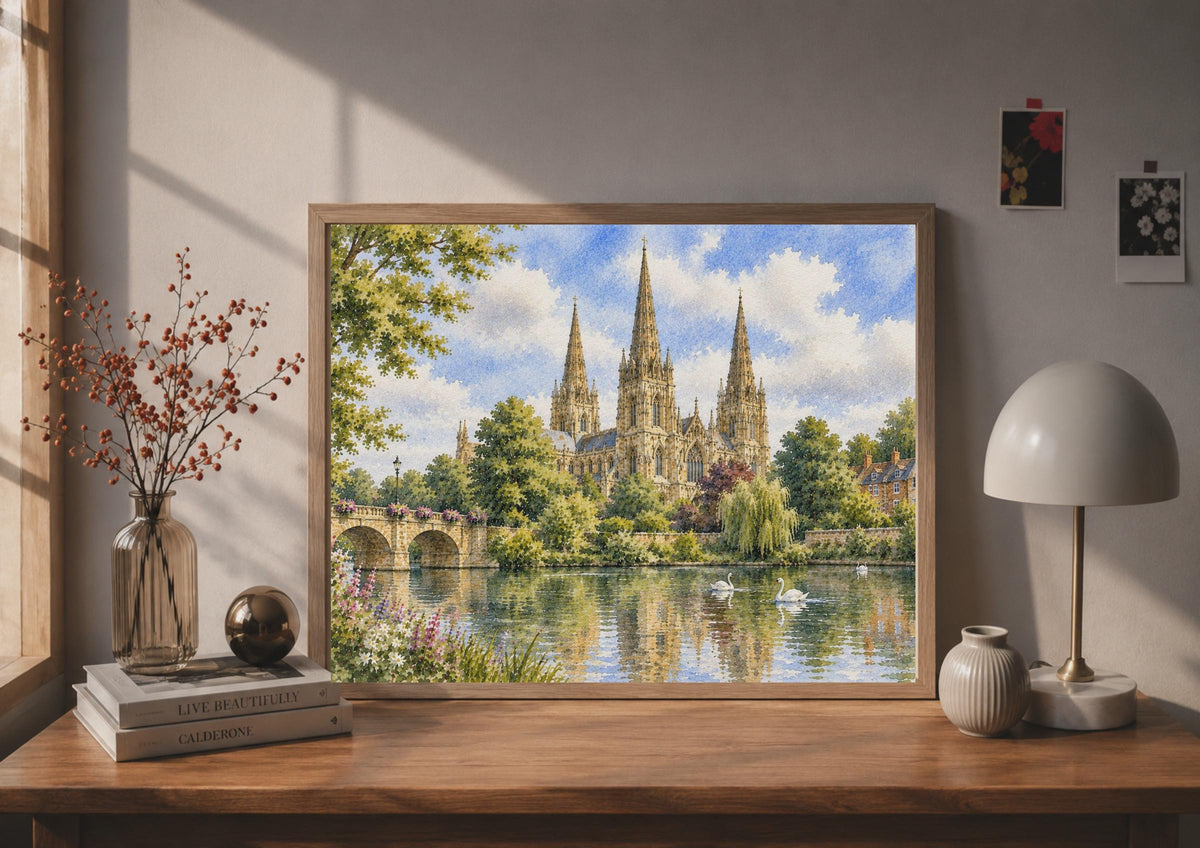 Lichfield Cathedral Watercolour Poster, Gothic Spires, Swan River Stone Bridge Print (Staffordshire Landscape)