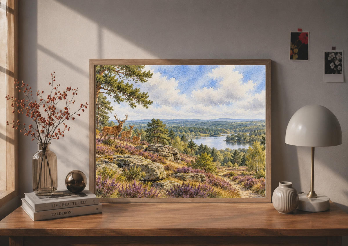 Cannock Chase, Staffordshire Landscape Watercolour Countryside Wall Art, Nature Reservoir View, Wildlife Scenic