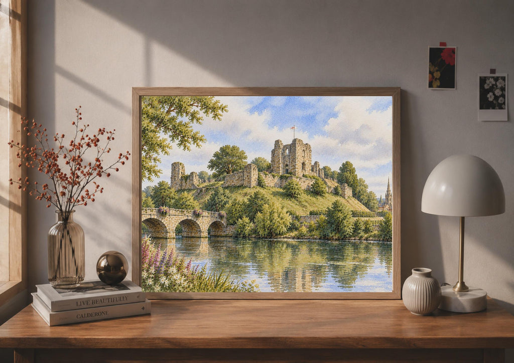 Tutbury Castle ruins, Staffordshire Watercolour Poster, English Landscape, Stone Bridge River (Print)