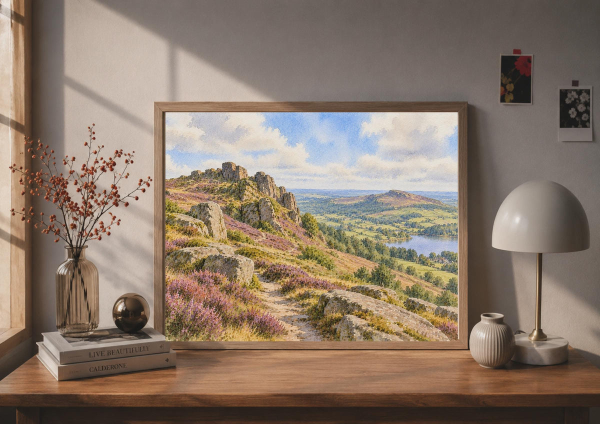 The Roaches Watercolour Poster, Staffordshire Landscape, Heather Rocks Wall Art, English Countryside Print, Rambler Gift