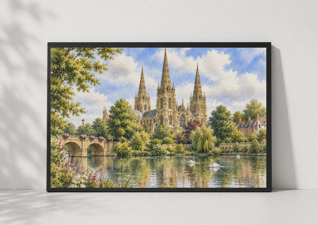 Lichfield Cathedral Watercolour Poster, Gothic Spires, Swan River Stone Bridge Print (Staffordshire Landscape)