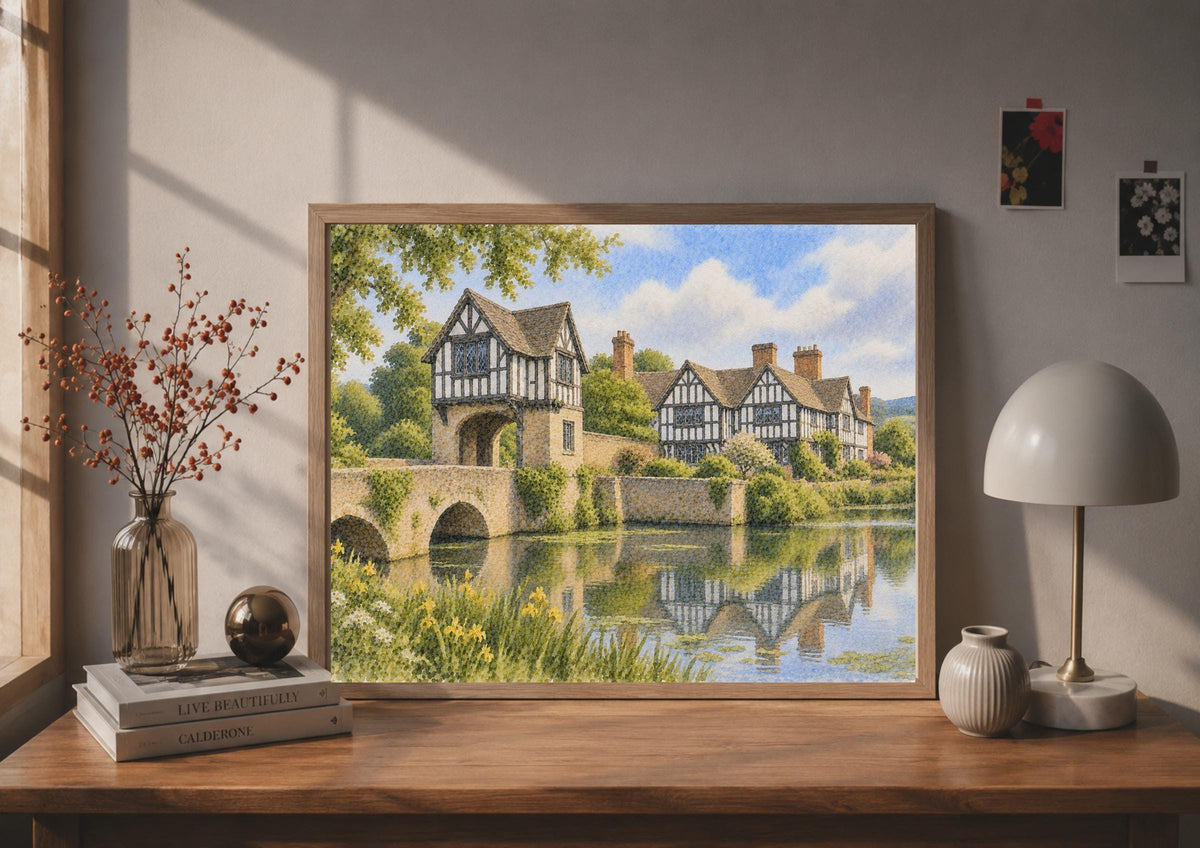Brockhampton Manor Watercolour Poster, Tudor Architecture, English Countryside Wall Art, Herefordshire