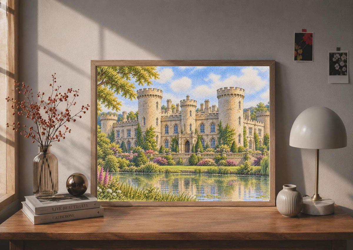 Eastnor Castle Watercolour Poster, Gothic Revival Landmark Art (Printed)