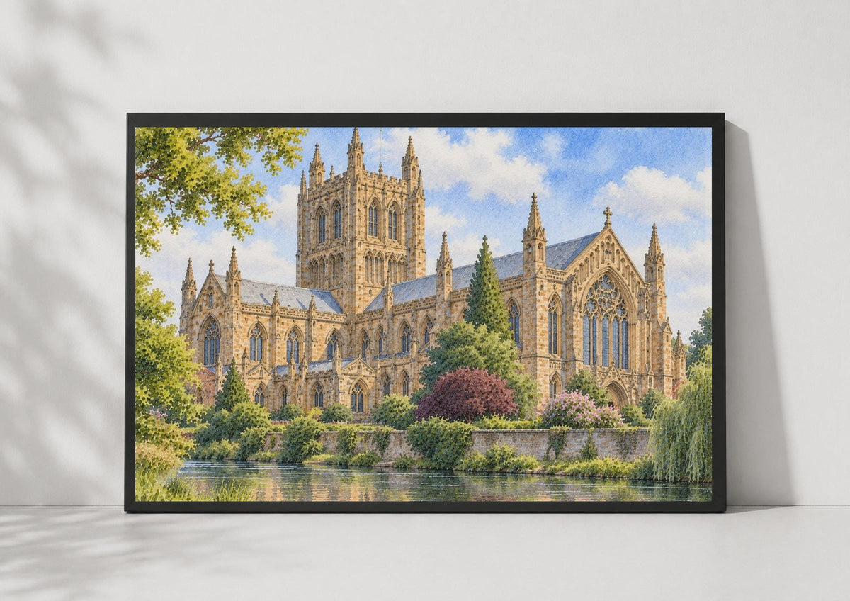 Hereford Cathedral Watercolour Print, Gothic Architecture, River View Wall Art