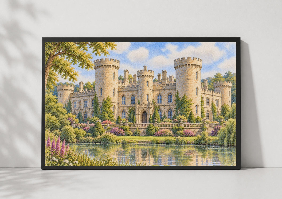 Eastnor Castle Watercolour Poster, Gothic Revival Landmark Art (Printed)