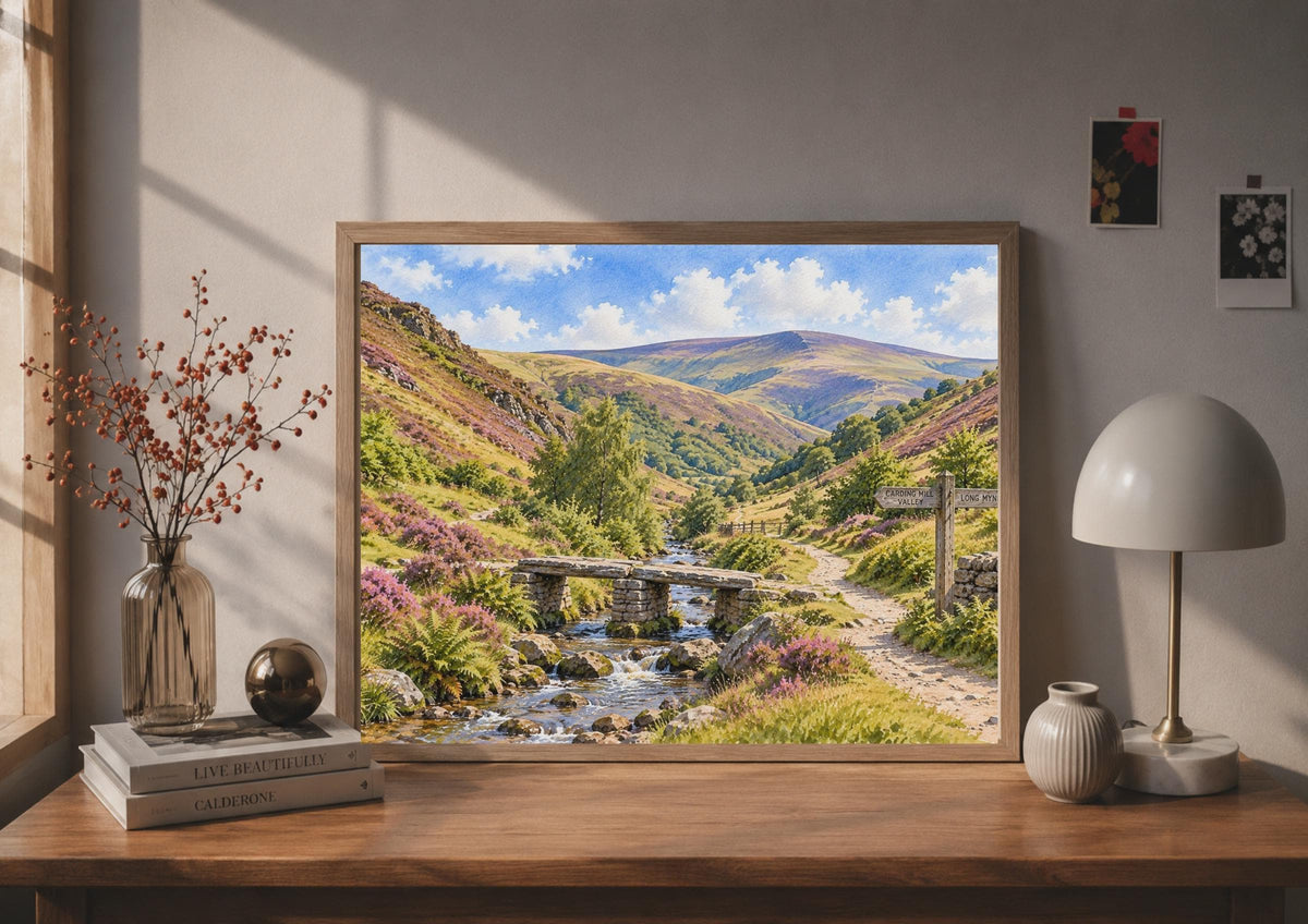 Long Mynd Carding Mill Valley Watercolour Poster, Shropshire Hills Landscape (Print)
