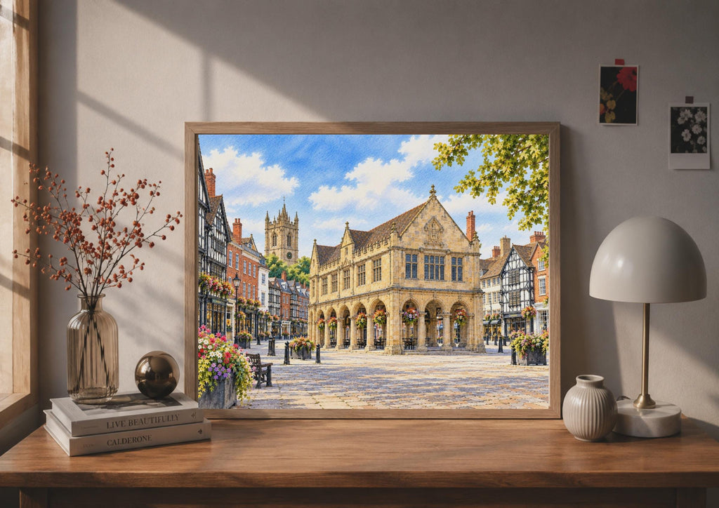 Shrewsbury Market Square Watercolour Poster, Tudor Architecture, English Town Art Print