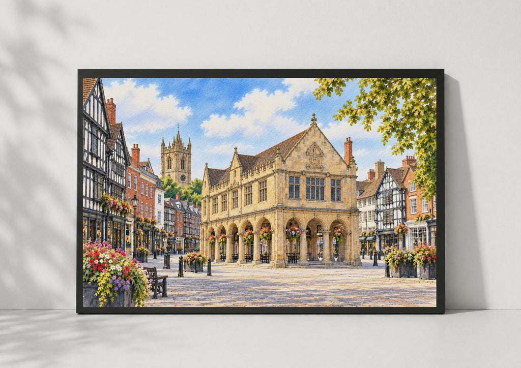 Shrewsbury Market Square Watercolour Poster, Tudor Architecture, English Town Art Print