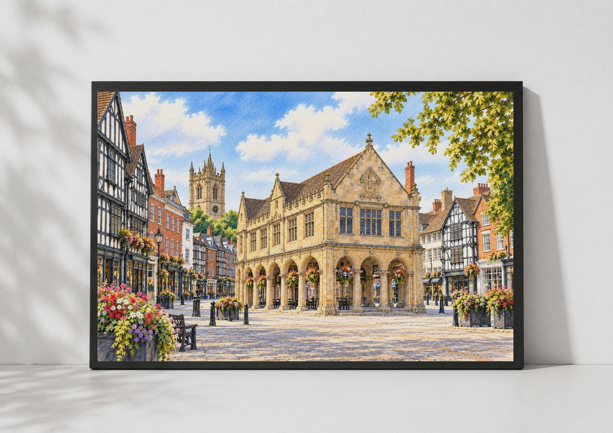 Shrewsbury Market Square Watercolour Poster, Tudor Architecture, English Town Art Print