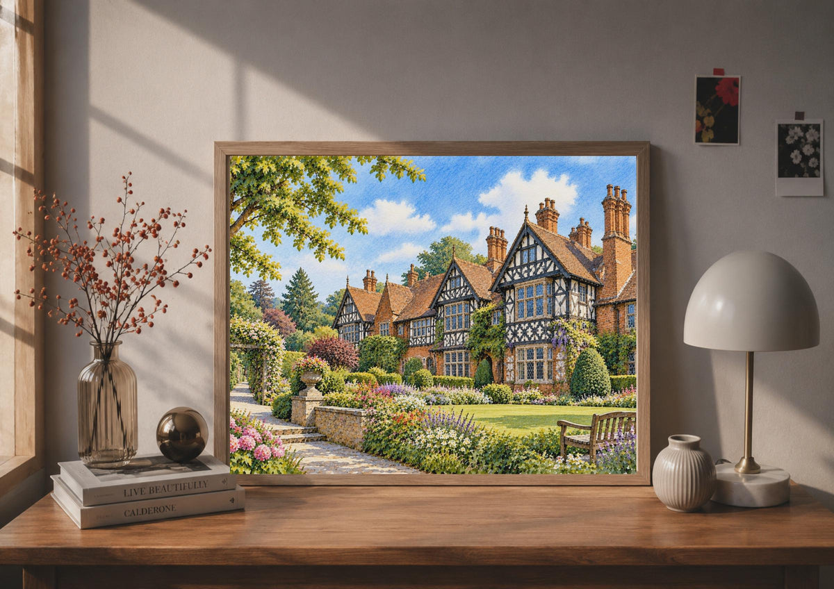 Wightwick Manor Wolverhampton Watercolour Poster, Tudor Architecture, English Garden Print (National Trust)