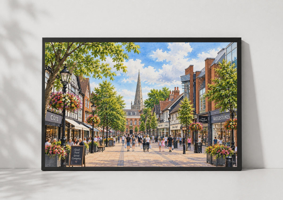 Solihull Town Centre Watercolour Poster, Historic High Street, Church Spire Print (Wall Art)