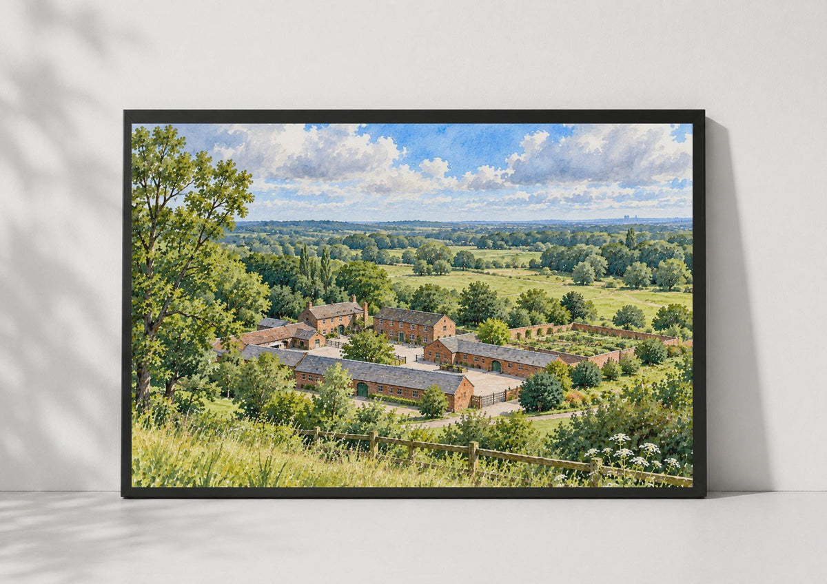 Sandwell Valley Watercolour Poster, English Countryside Farm, West Midlands Landscape (Print)