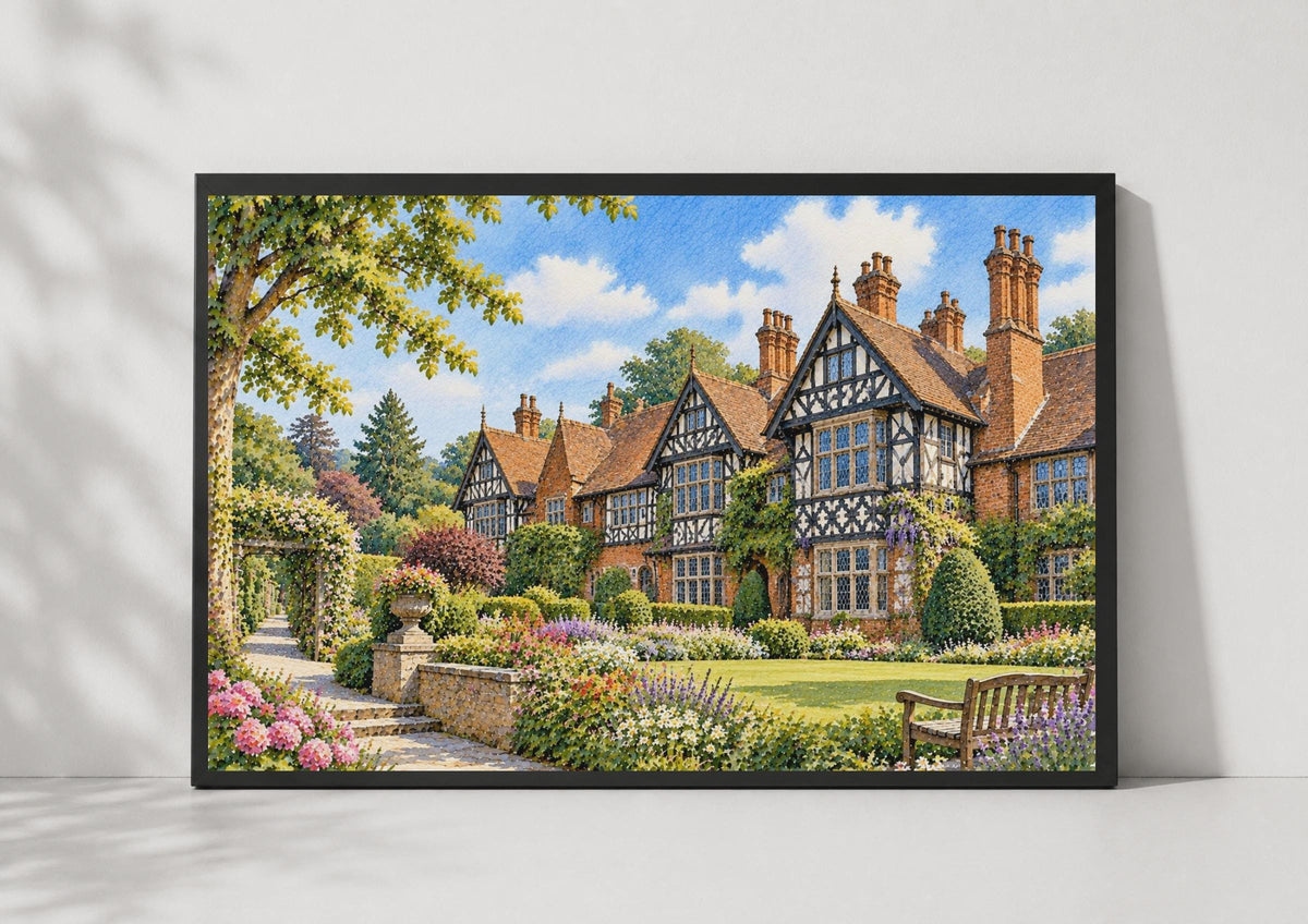 Wightwick Manor Wolverhampton Watercolour Poster, Tudor Architecture, English Garden Print (National Trust)