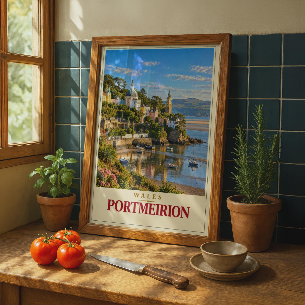 Portmeirion Wales Travel Poster, Italianate Harbour, Coastal Village Art (Print)