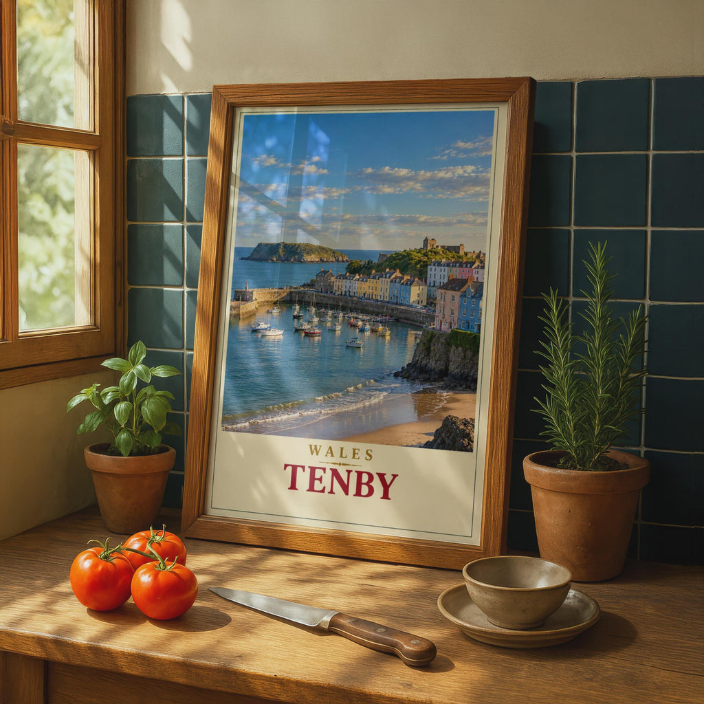 Tenby Harbour Wales Travel Poster, Pembrokeshire Coastal Art, Colorful Boats, Sandy Beach (Print)