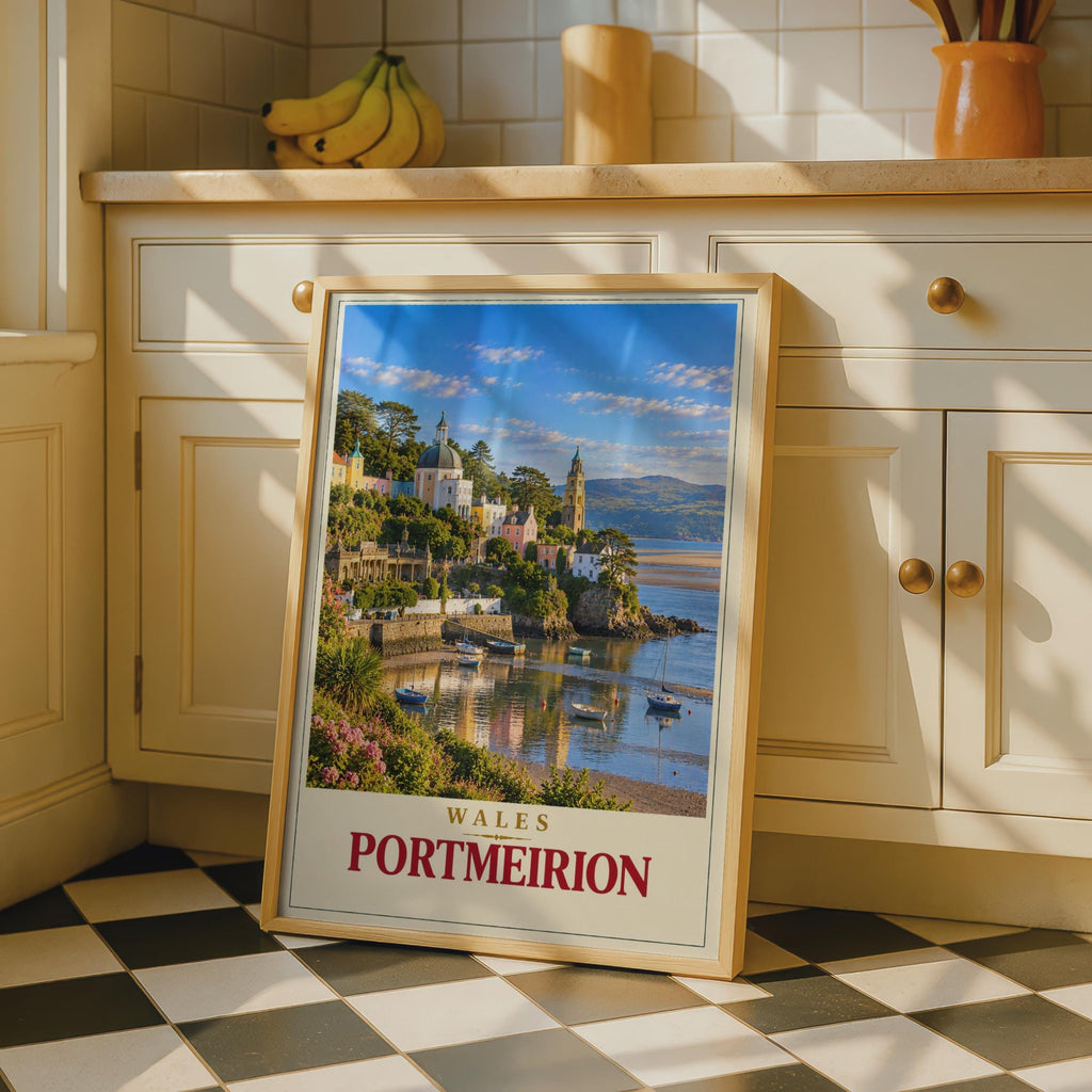 Portmeirion Wales Travel Poster, Italianate Harbour, Coastal Village Art (Print)
