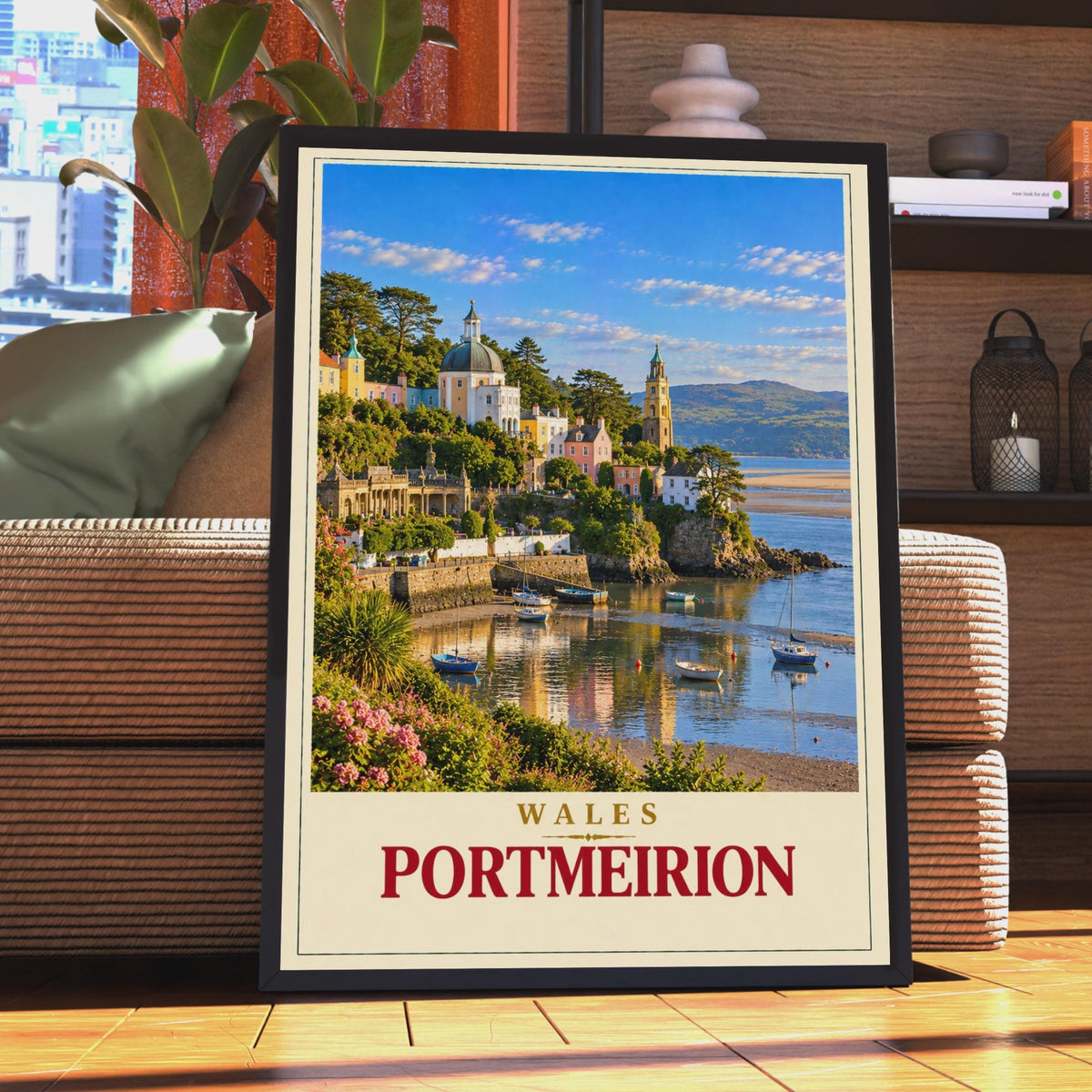 Portmeirion Wales Travel Poster, Italianate Harbour, Coastal Village Art (Print)