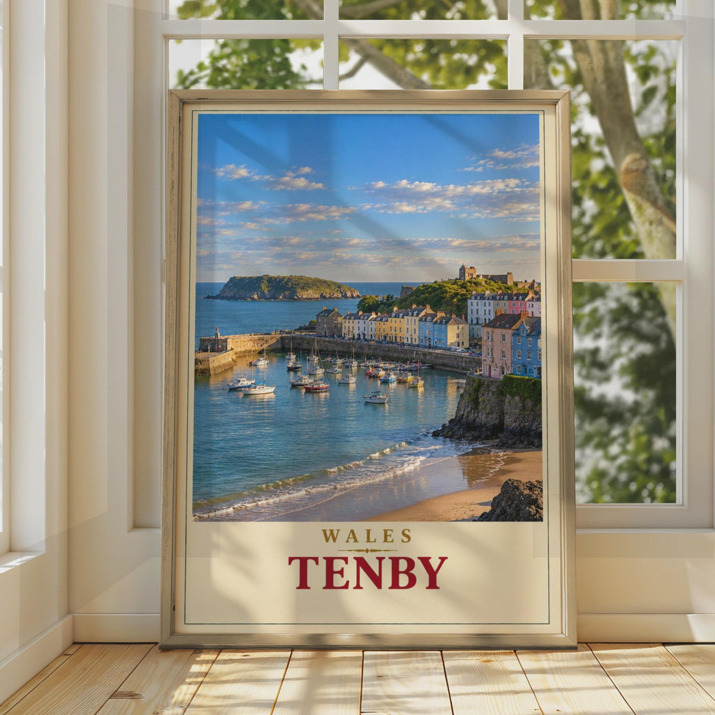 Tenby Harbour Wales Travel Poster, Pembrokeshire Coastal Art, Colorful Boats, Sandy Beach (Print)