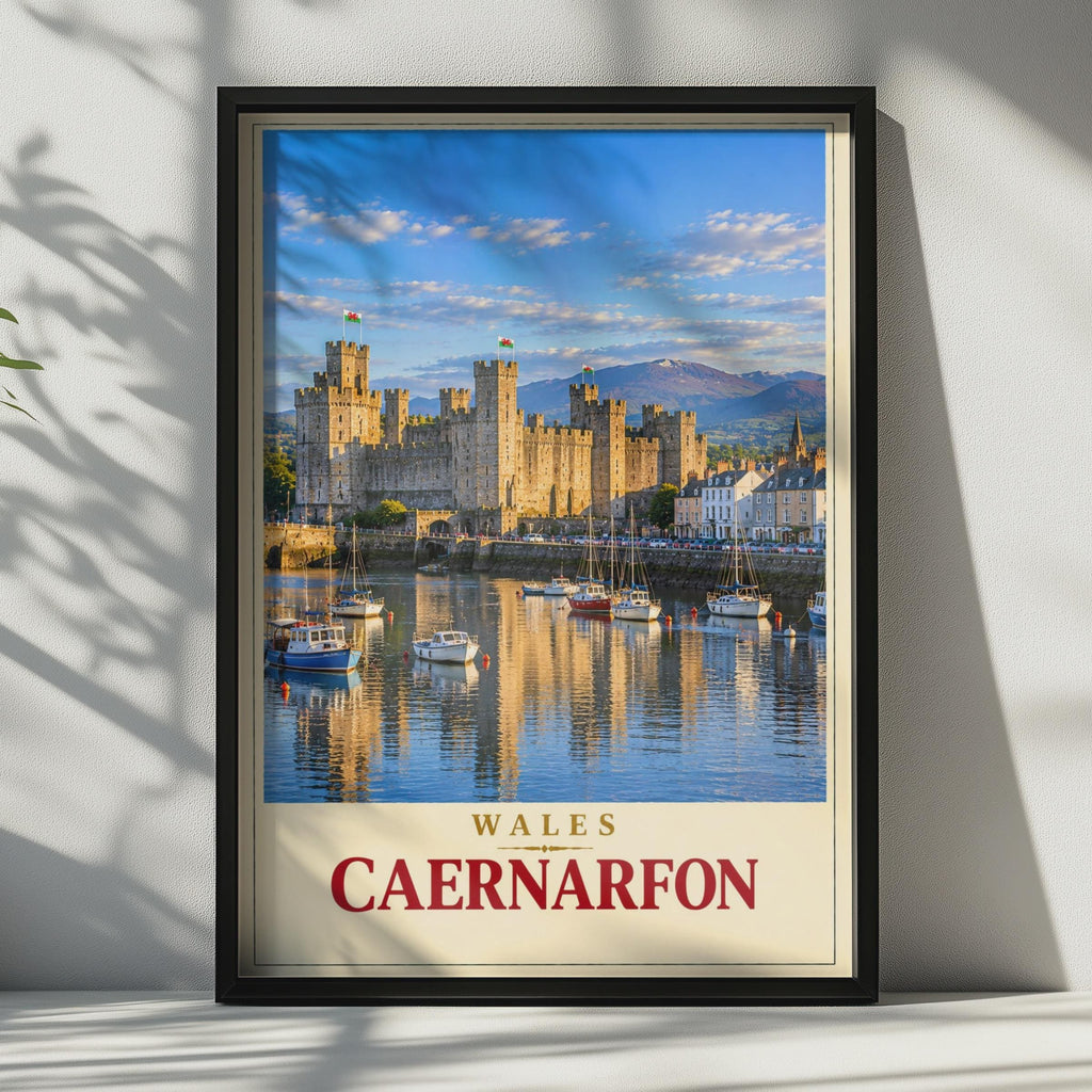Caernarfon Castle Wales Travel Poster, Snowdonia Harbour View, Vintage Style Print