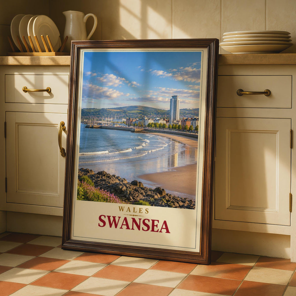 Swansea Bay Travel Poster, Welsh Coastal City Print, Vintage Style Wall Art