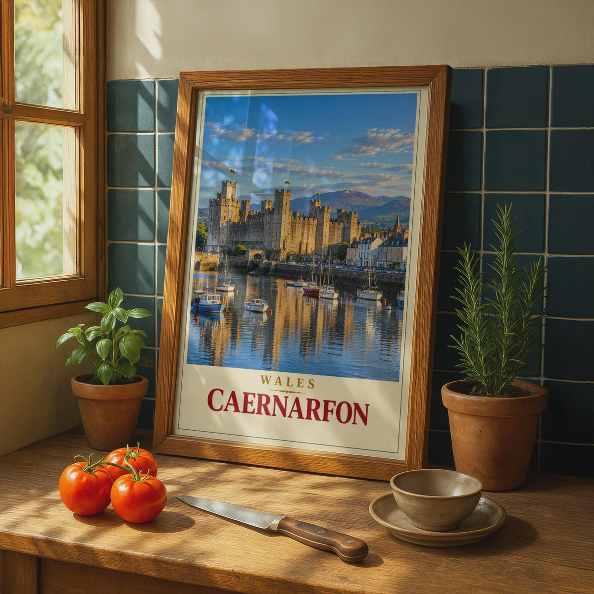Caernarfon Castle Wales Travel Poster, Snowdonia Harbour View, Vintage Style Print