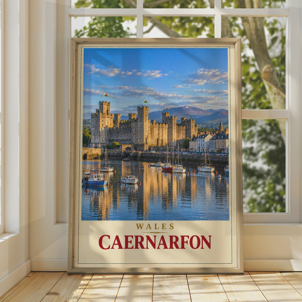 Caernarfon Castle Wales Travel Poster, Snowdonia Harbour View, Vintage Style Print