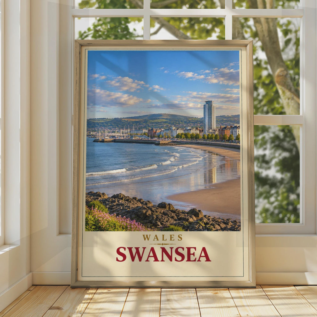 Swansea Bay Travel Poster, Welsh Coastal City Print, Vintage Style Wall Art