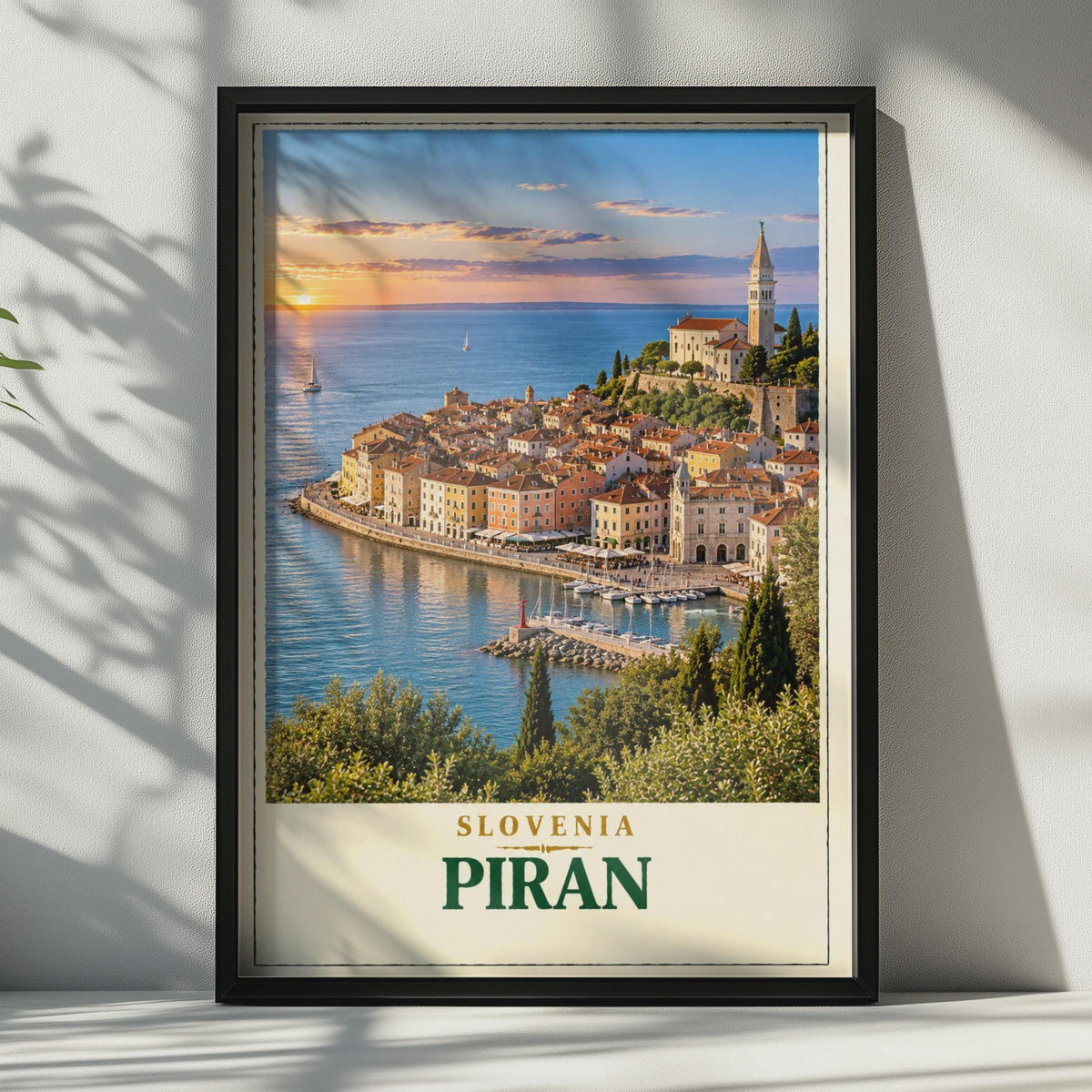 Piran Slovenia Travel Poster, Adriatic Sunset, Mediterranean Old Town (Print)