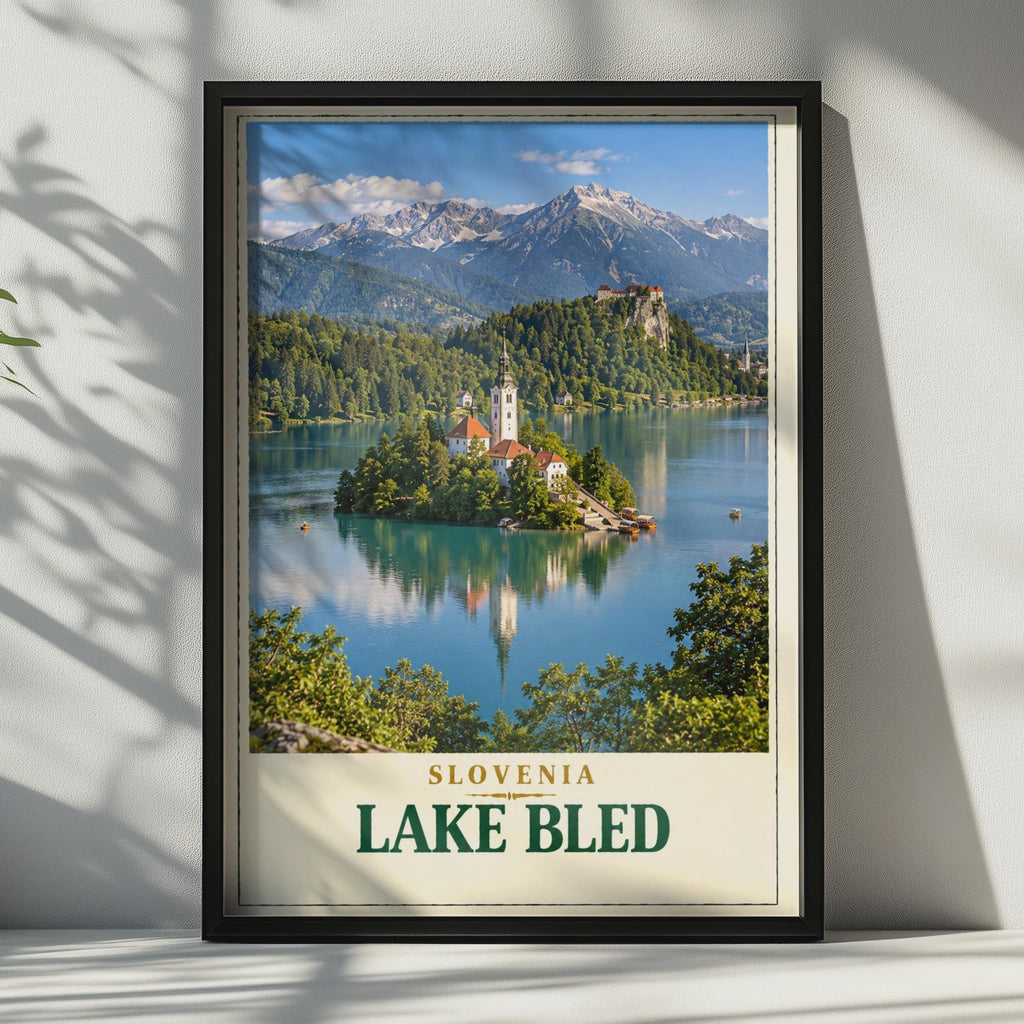 Lake Bled Slovenia Travel Poster, Julian Alps, Church Island Castle (Vintage Style Print)