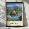 Lake Bled Slovenia Travel Poster, Julian Alps, Church Island Castle (Vintage Style Print)