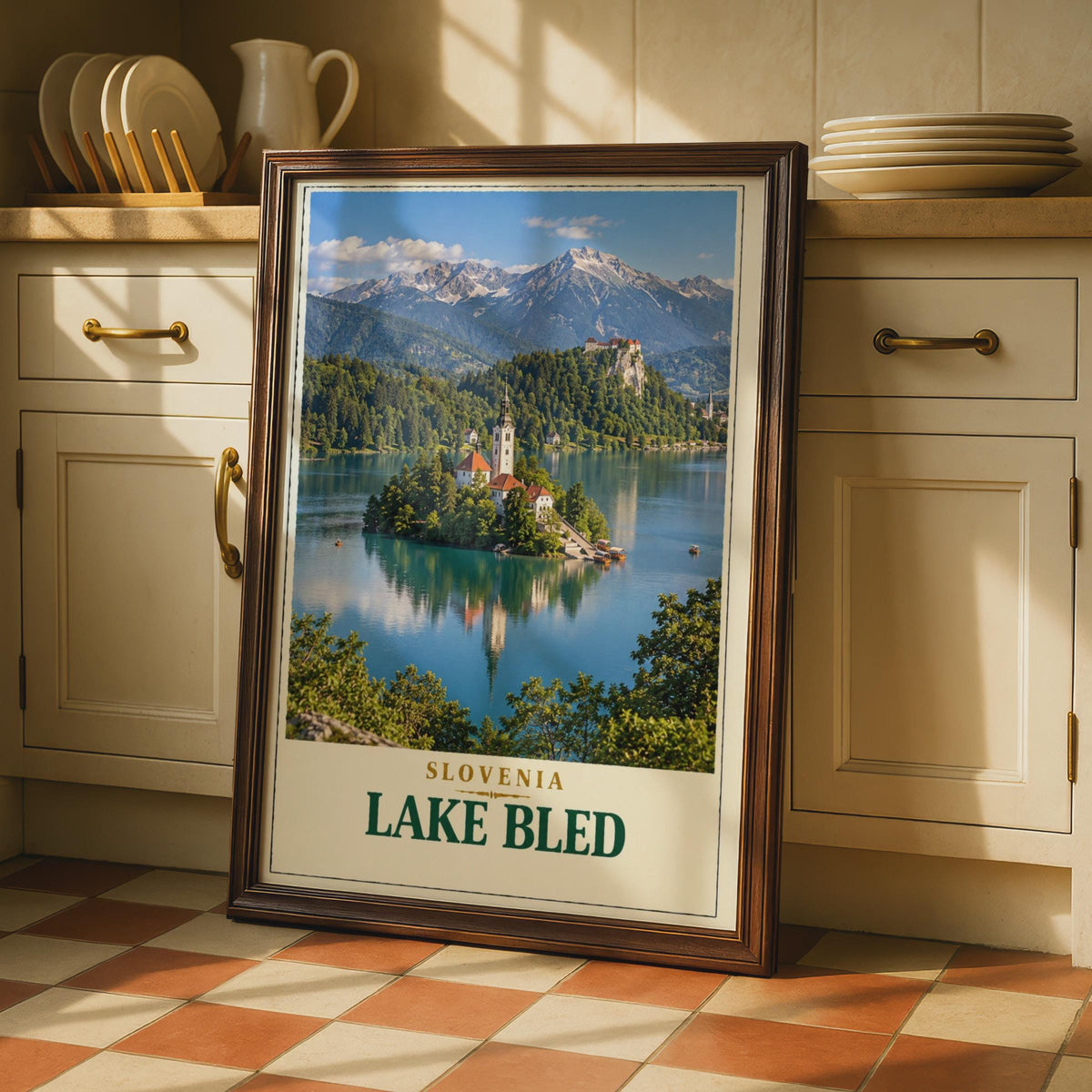 Lake Bled Slovenia Travel Poster, Julian Alps, Church Island Castle (Vintage Style Print)