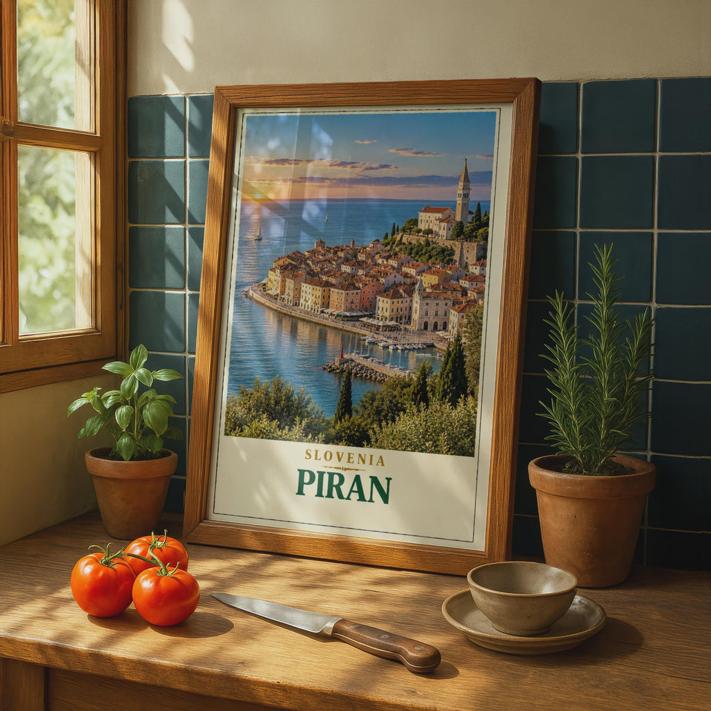 Piran Slovenia Travel Poster, Adriatic Sunset, Mediterranean Old Town (Print)