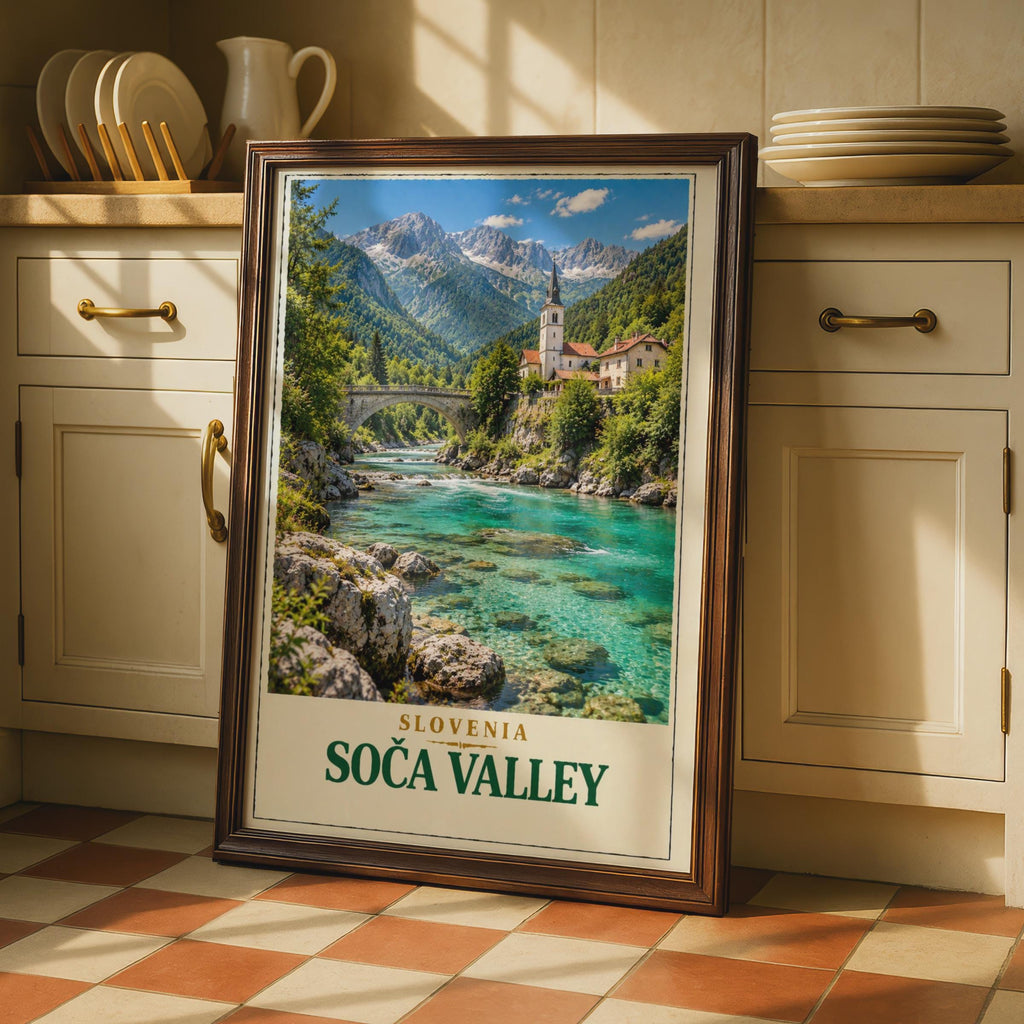 Soca Valley Slovenia Travel Poster, Turquoise River, Julian Alps Village Art (Print)