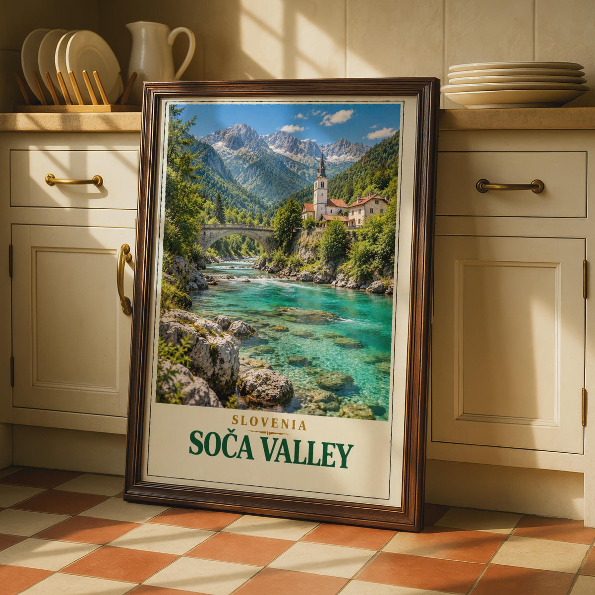 Soca Valley Slovenia Travel Poster, Turquoise River, Julian Alps Village Art (Print)