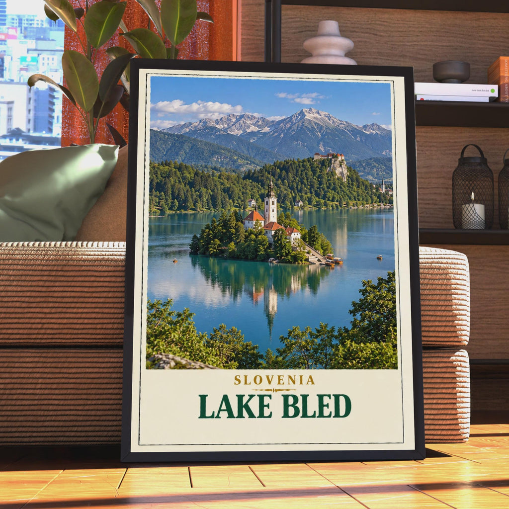 Lake Bled Slovenia Travel Poster, Julian Alps, Church Island Castle (Vintage Style Print)