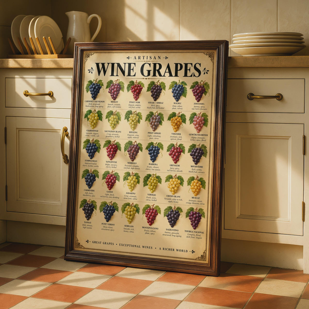 Artisan Wine Grapes Poster, Vintage Style Grape Variety Chart, Winery Wall Art (Print)
