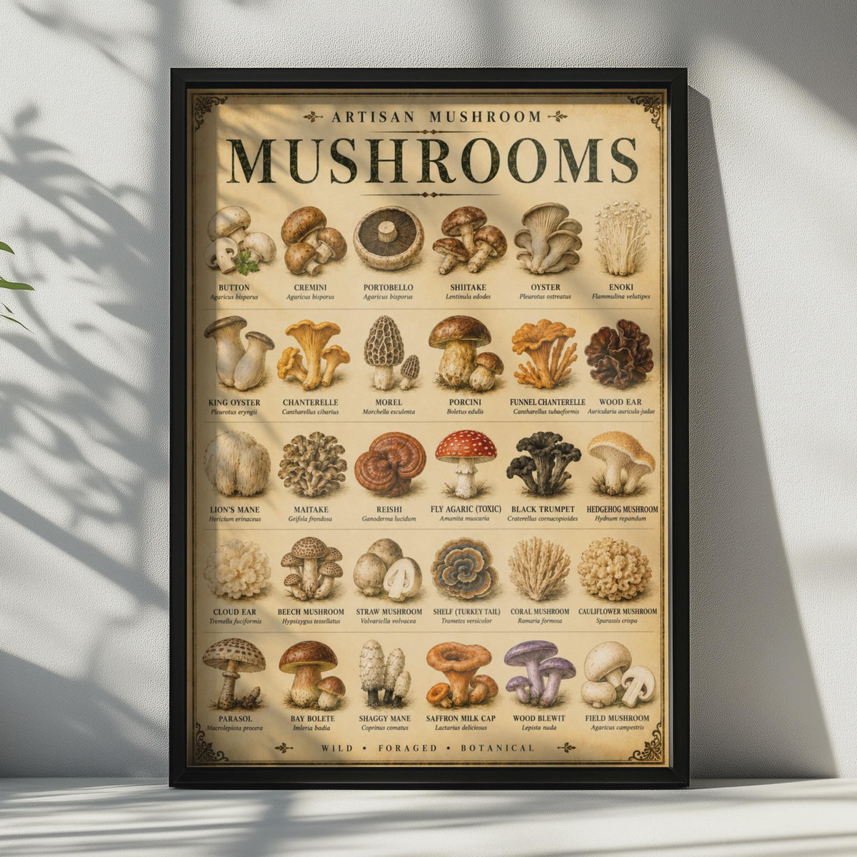 Artisan Mushroom Identification Poster, Vintage Botanical Fungi Chart, Foraging Wall Art (30 Species)
