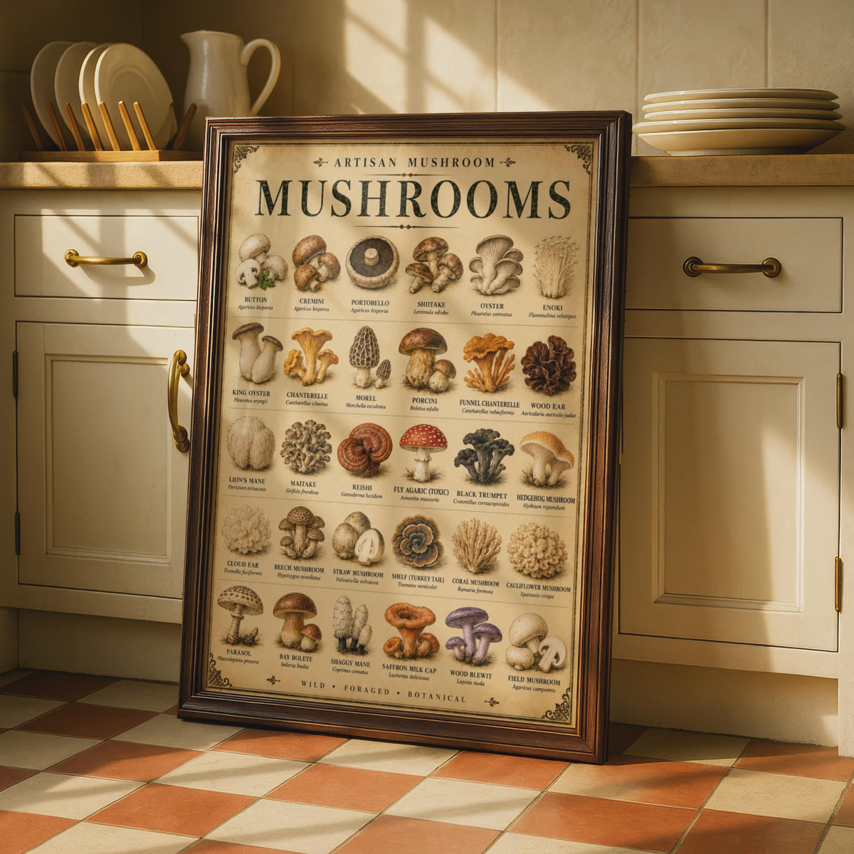 Artisan Mushroom Identification Poster, Vintage Botanical Fungi Chart, Foraging Wall Art (30 Species)