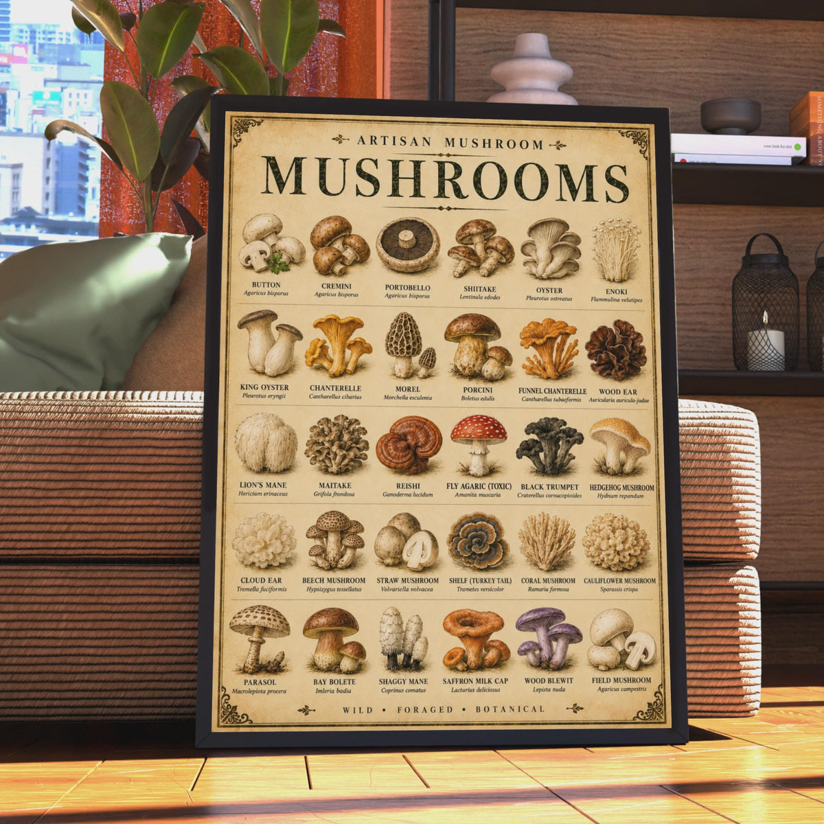 Artisan Mushroom Identification Poster, Vintage Botanical Fungi Chart, Foraging Wall Art (30 Species)