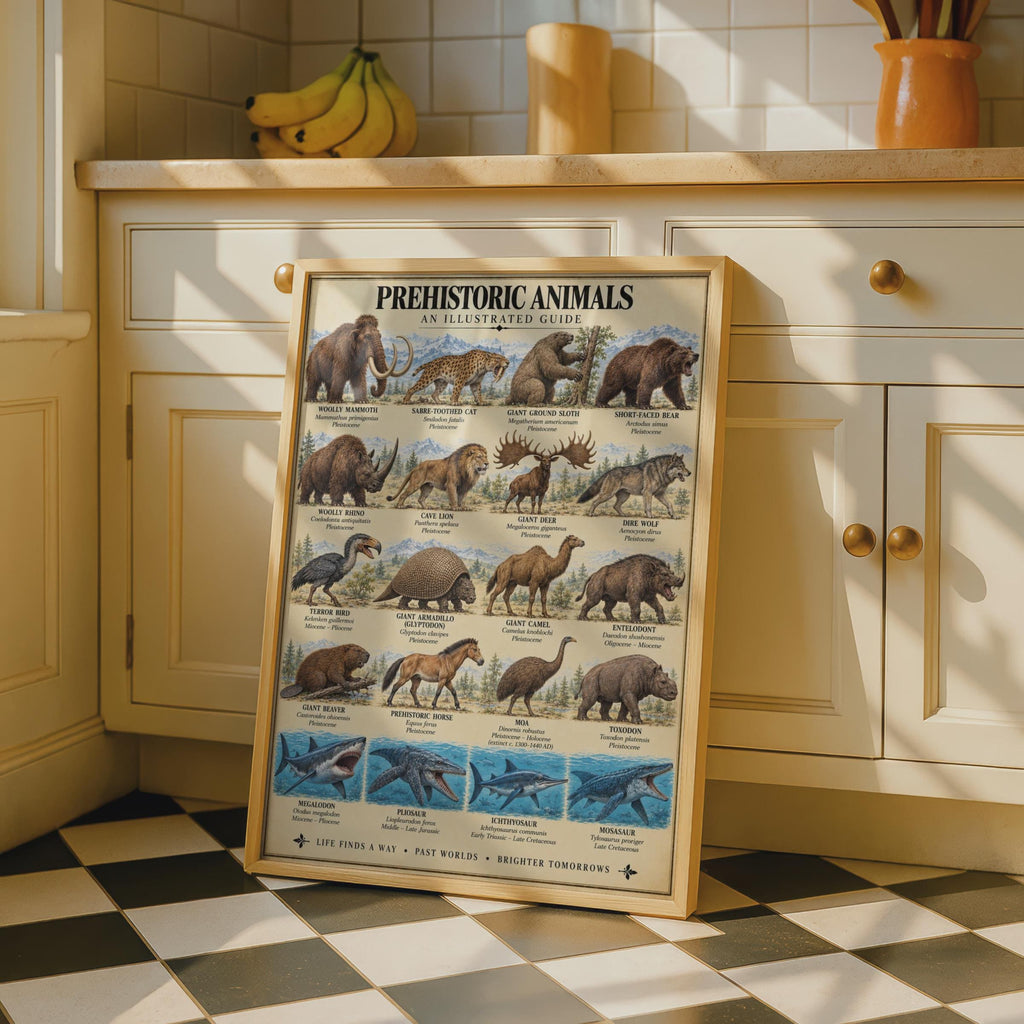 Prehistoric Animals Illustrated Guide Poster, Extinct Species Chart (Science Room Decor)