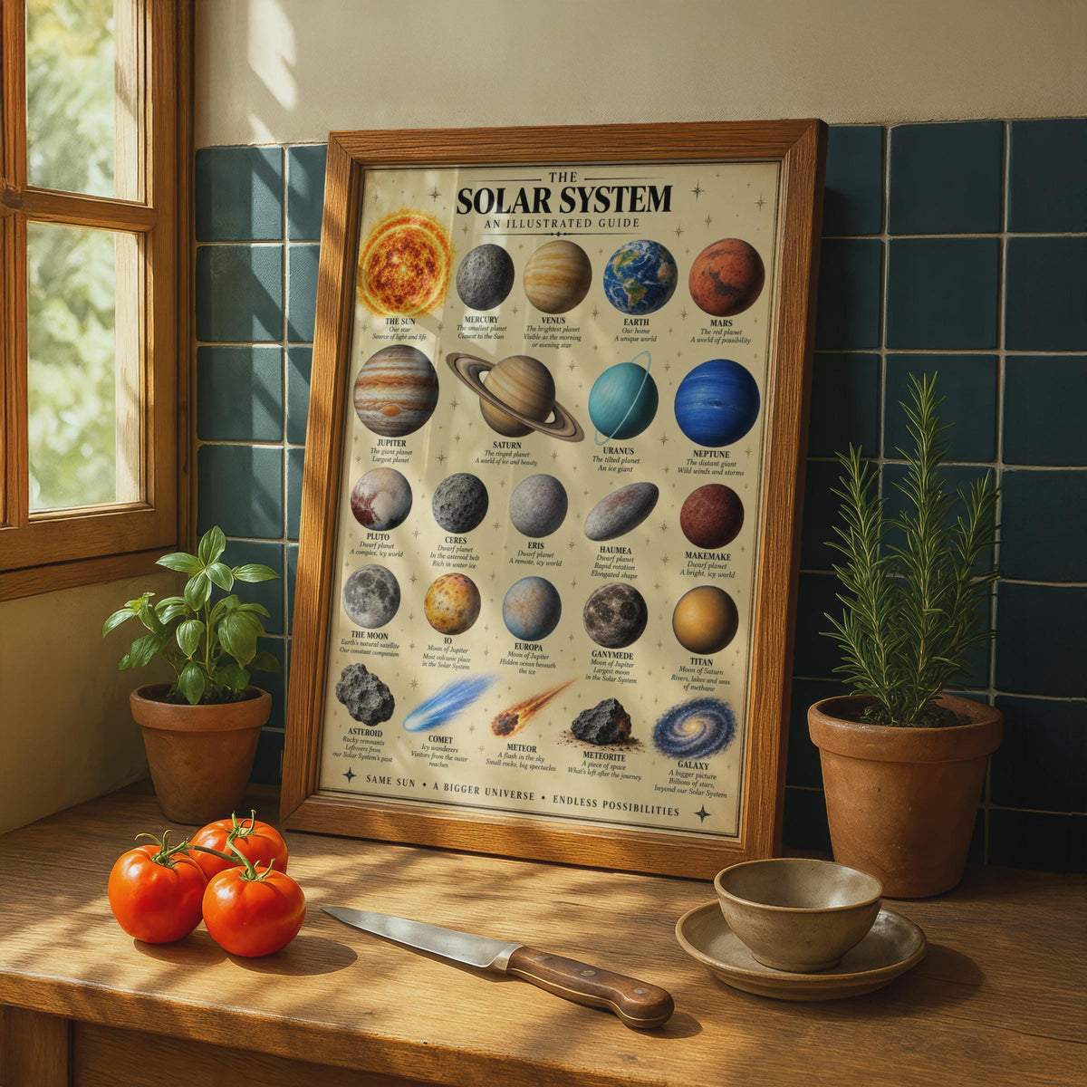 Solar System Illustrated Guide Poster, Vintage Parchment Space Chart (Printed)