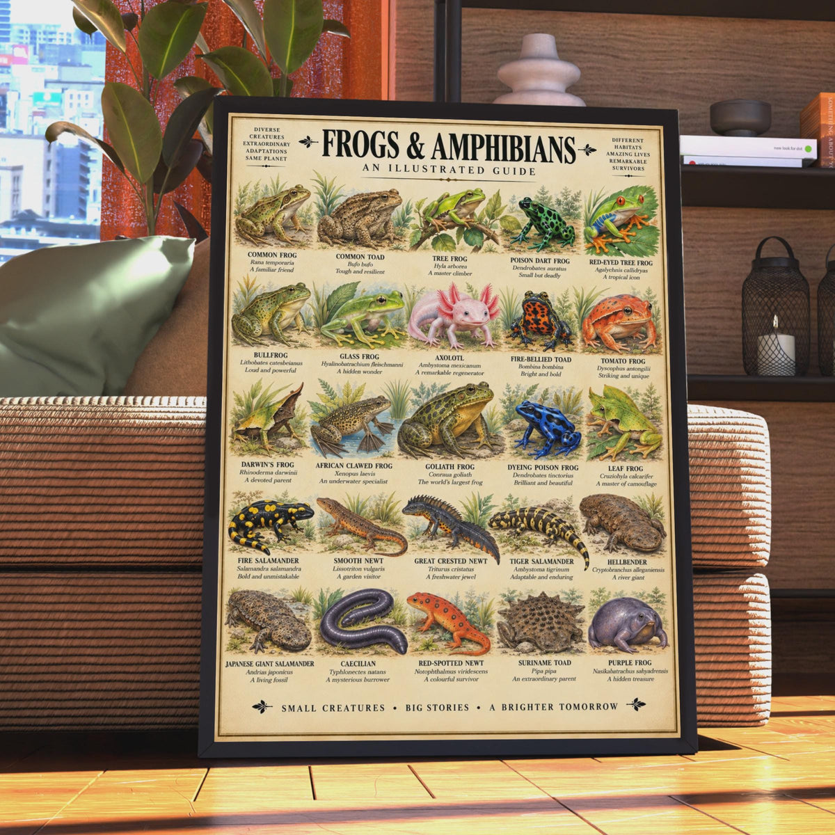 Frogs & Amphibians Illustrated Guide Poster, Vintage Style Nature Wall Art (25 Species)
