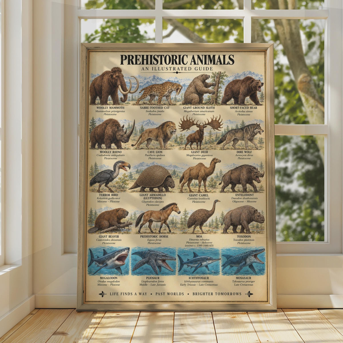 Prehistoric Animals Illustrated Guide Poster, Extinct Species Chart (Science Room Decor)