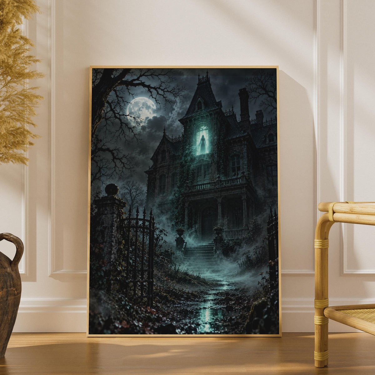Haunted Mansion Ghost Poster, Gothic Horror Wall Art, Spooky Full Moon Victorian House Print
