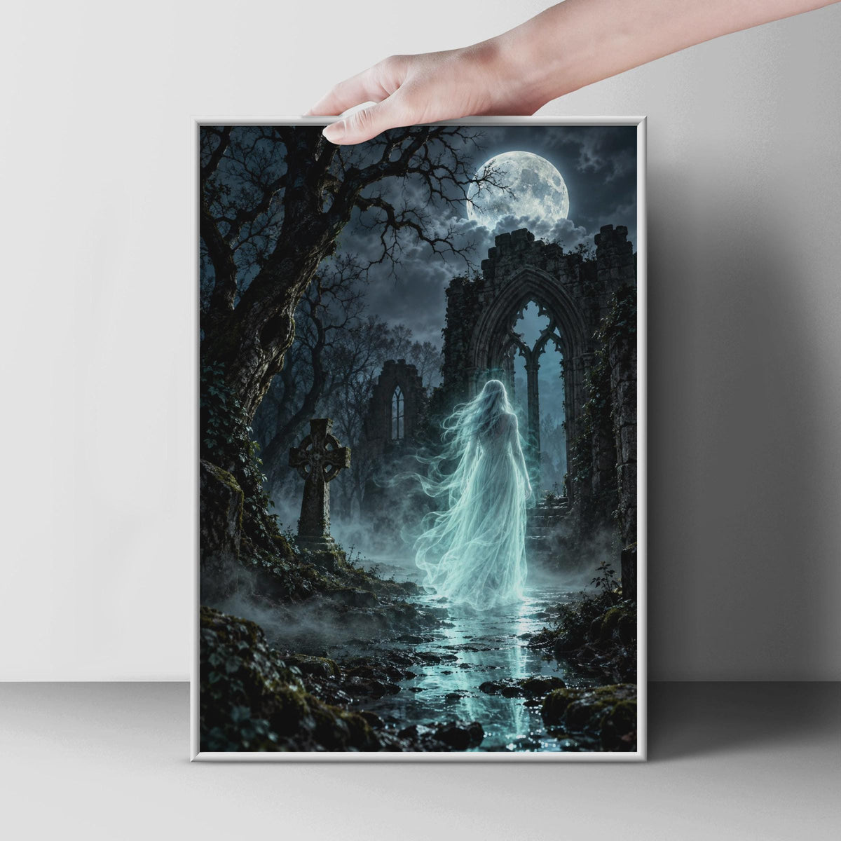 Gothic Ghost Woman Poster, Haunted Graveyard Full Moon Wall Art